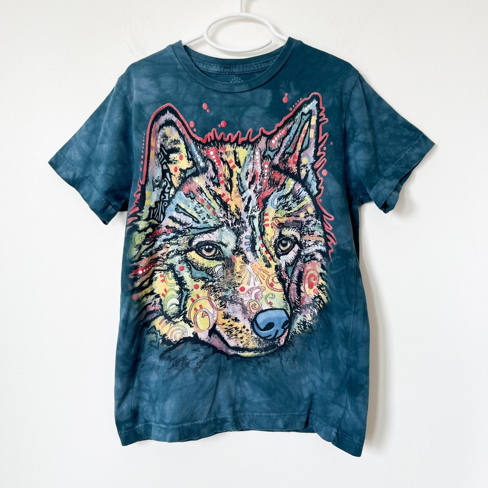 The Mountain Tie Dye Wolf Print T-Shirt Boys Large Blue